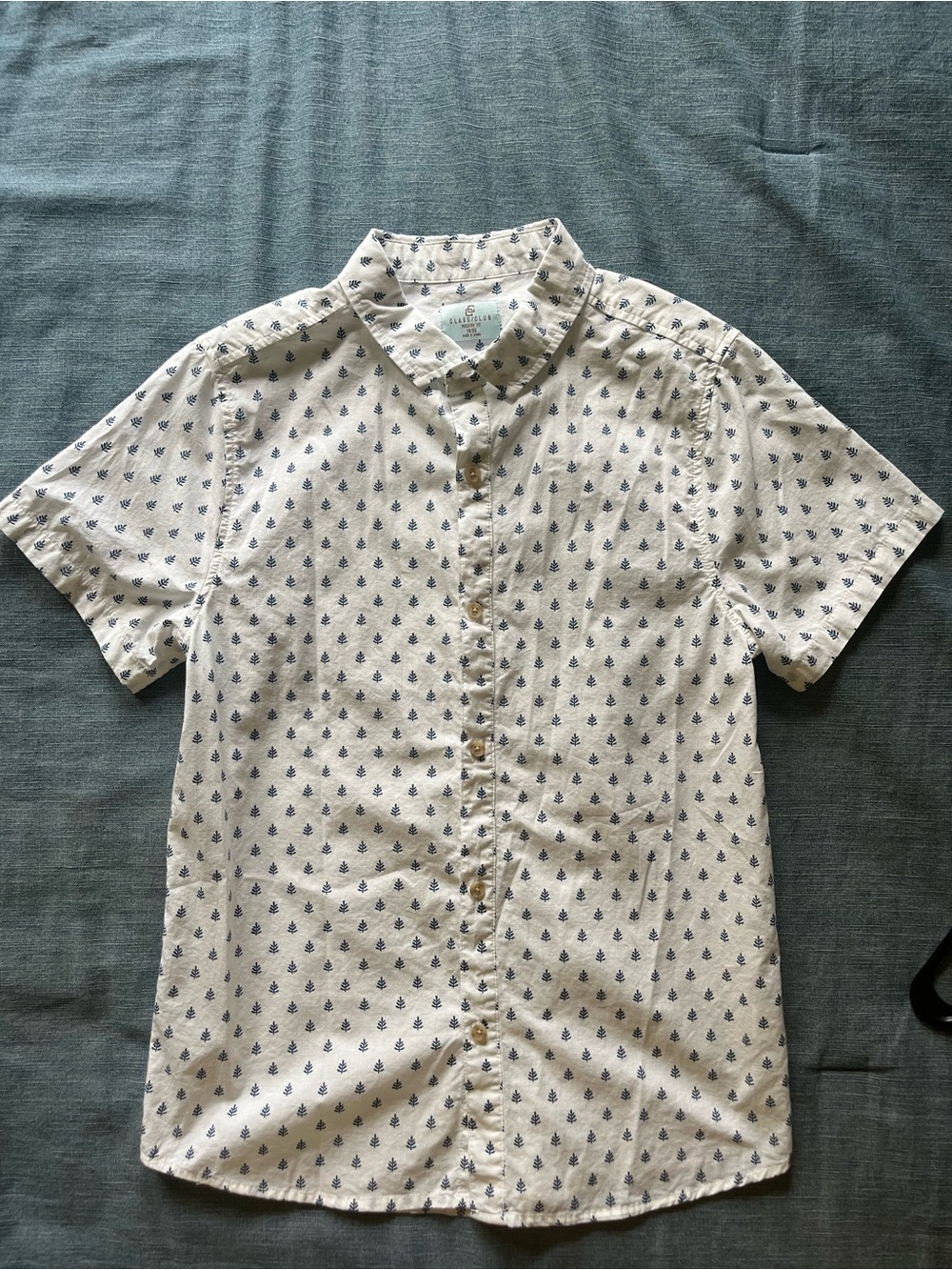 Class Club Boys Short-Sleeve Button-Down Shirt - White with Navy Print
